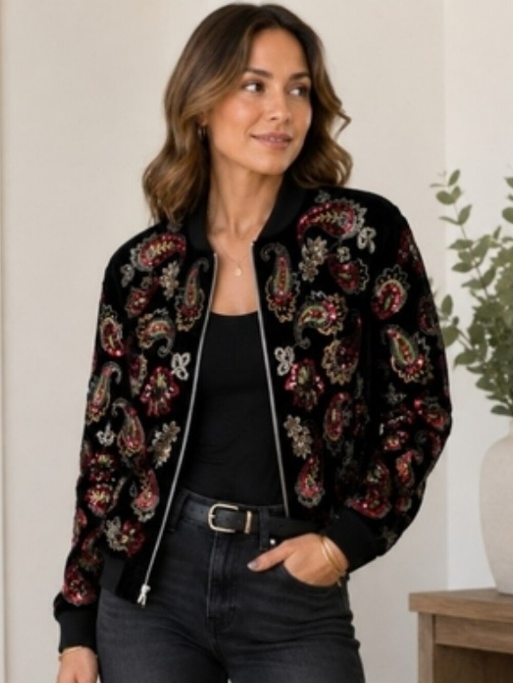 Zara Paisley Sequin Embroidered Velvet Bomber Jacket | Black | Size Small | NWOT